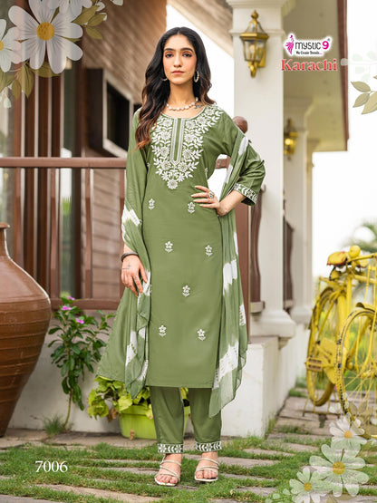Karachi Vol 7 Mystic 9 Heavy Rayon Readymade Pant Style Suits Supplier Ahmedabad