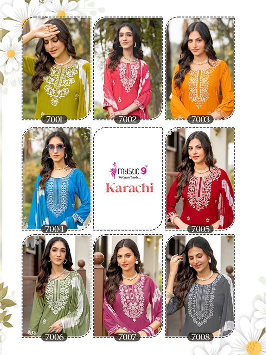 Karachi Vol 7 Mystic 9 Heavy Rayon Readymade Pant Style Suits Supplier Ahmedabad