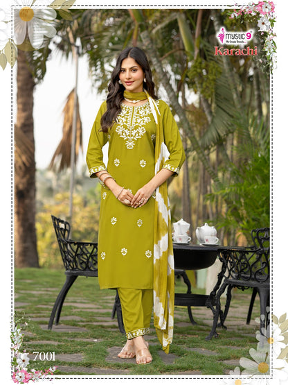 Karachi Vol 7 Mystic 9 Heavy Rayon Readymade Pant Style Suits Supplier Ahmedabad