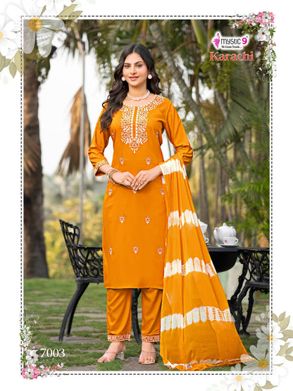 Karachi Vol 7 Mystic 9 Heavy Rayon Readymade Pant Style Suits Supplier Ahmedabad