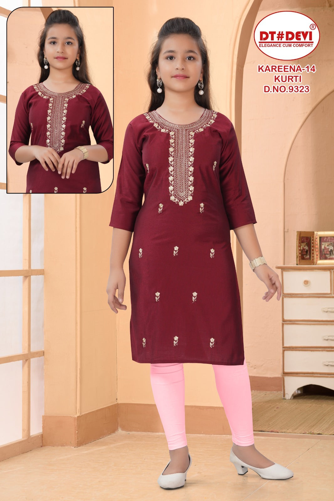 Kareena-14 Dn 9323 Dt Devi Gadwal Silk Girls Kurti Supplier India
