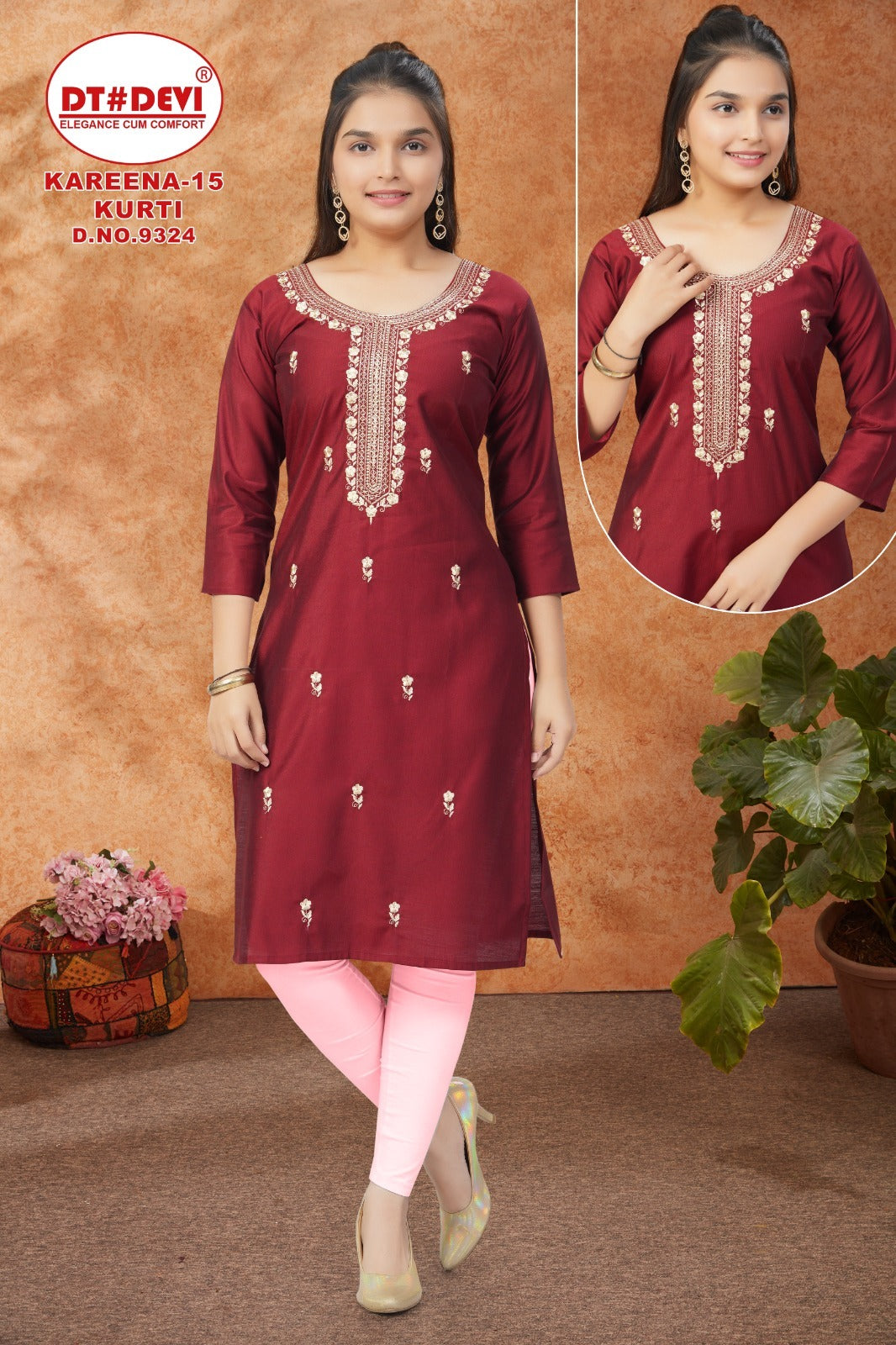 Kareena-15 Dn 9324 Dt Devi Gadwal Silk Girls Kurti Exporter India