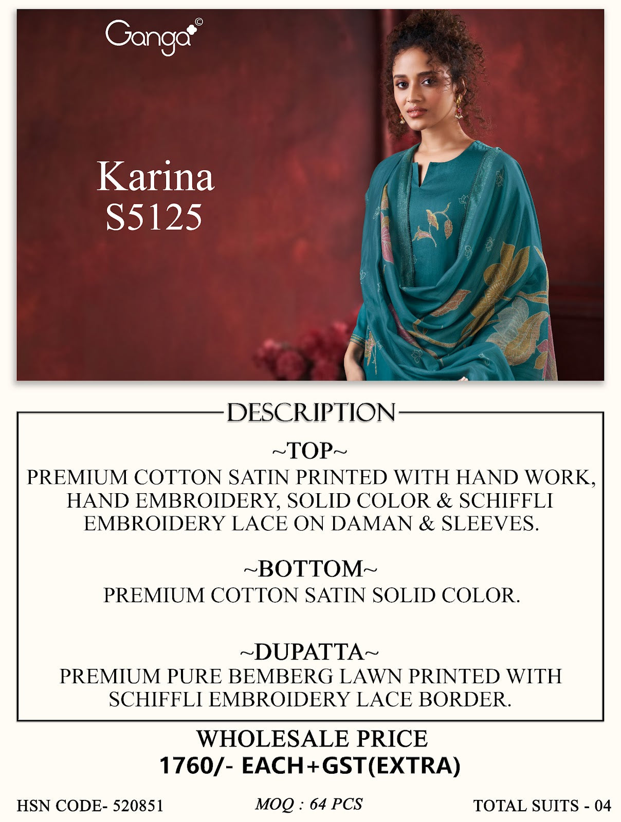 Karina S5125 Ganga Cotton Satin Plazzo Style Suits Wholesaler Ahmedabad