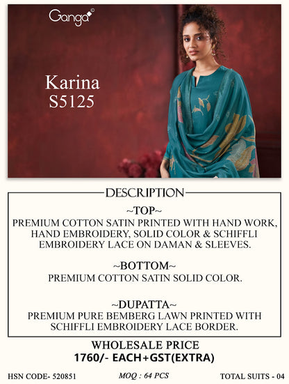 Karina S5125 Ganga Cotton Satin Plazzo Style Suits Wholesaler Ahmedabad