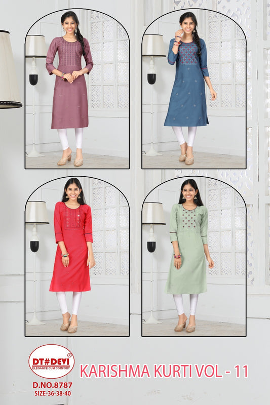 Karishma Vol 11 8787 Dt Devi Rayon 22Kg Knee Length Kurtis Supplier Ahmedabad
