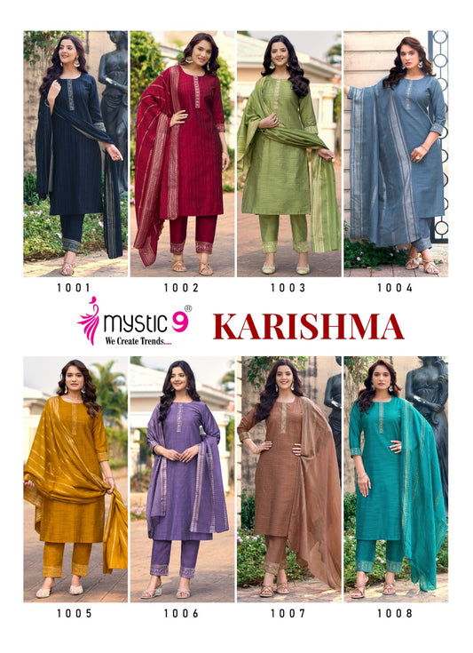 Karishma Vol 1 Mystic 9 Banglori Silk Readymade Pant Style Suits Wholesale Rate