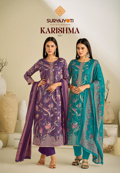 Karishma Vol 1 Suryajyoti Jaam Satin Pant Style Suits Wholesaler India