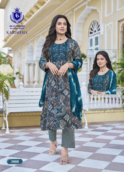 Karishma Vol 3 Ak Clothing Rayon Readymade Pant Style Suits Wholesaler Ahmedabad