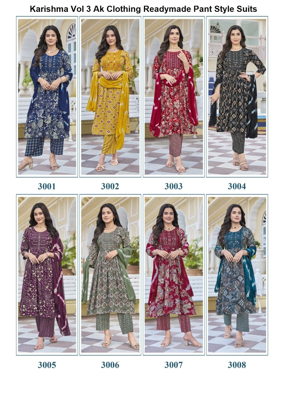 Karishma Vol 3 Ak Clothing Rayon Readymade Pant Style Suits Wholesaler Ahmedabad