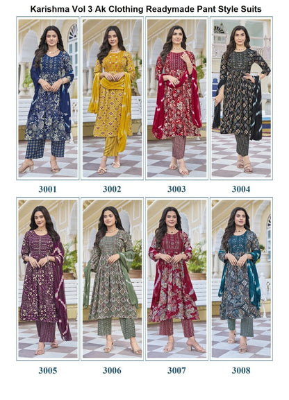 Karishma Vol 3 Ak Clothing Rayon Readymade Pant Style Suits Wholesaler Ahmedabad