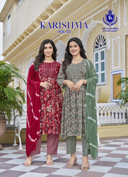 Karishma Vol 3 Ak Clothing Rayon Readymade Pant Style Suits Wholesaler Ahmedabad