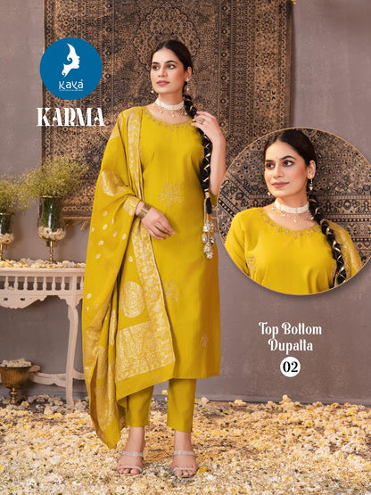 Karma Kaya Roman Silk Readymade Pant Style Suits Exporter India