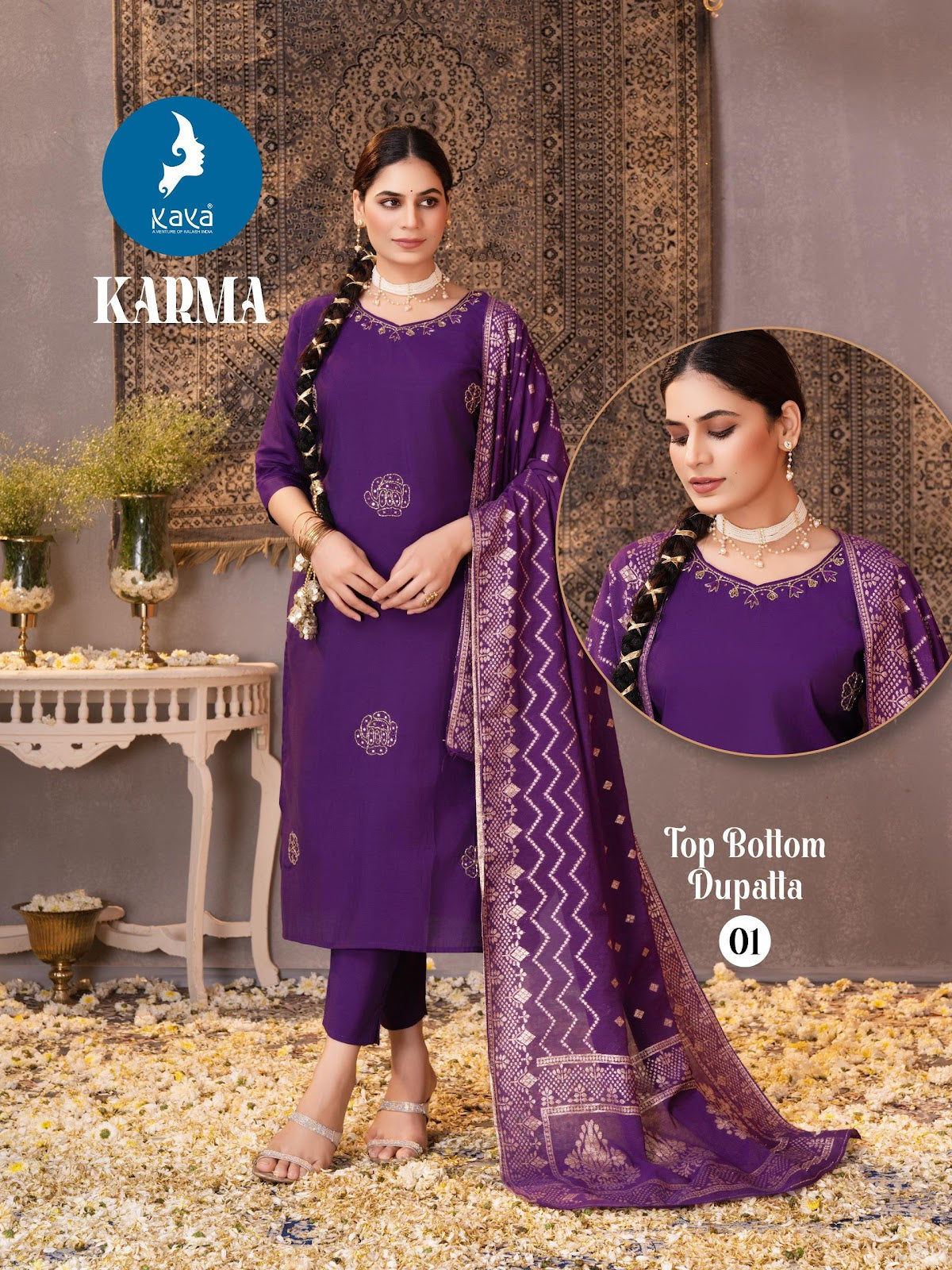 Karma Kaya Roman Silk Readymade Pant Style Suits Exporter India