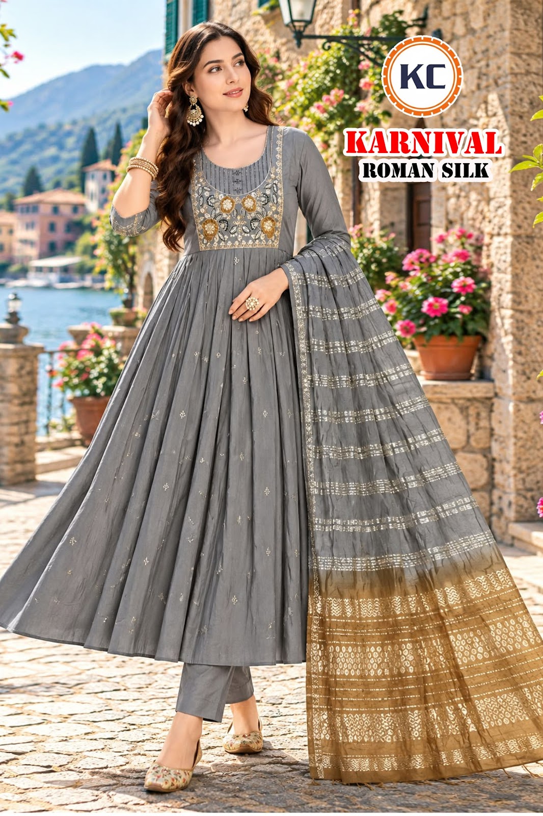 Karnival Kc Roman Silk Readymade Anarkali Suits Wholesale Price