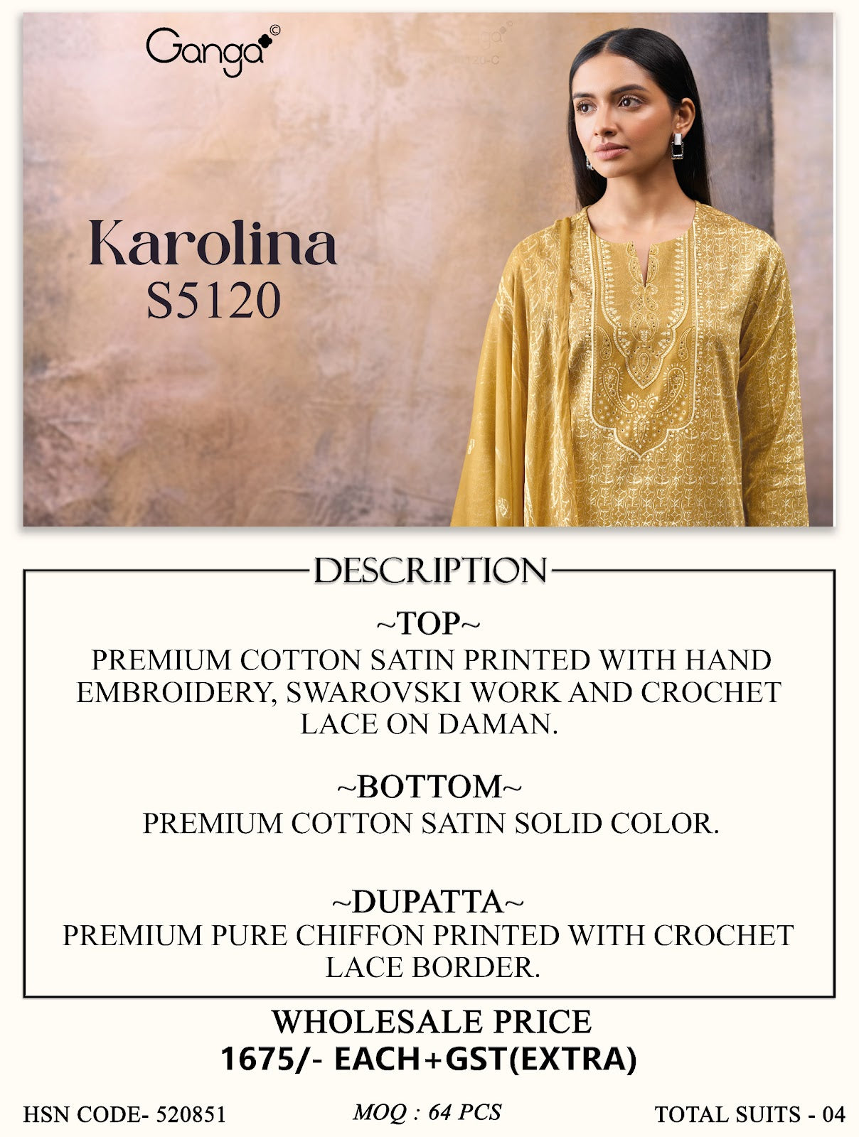 Karolina S5120 Ganga Cotton Satin Plazzo Style Suits Wholesaler India