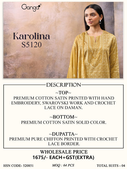 Karolina S5120 Ganga Cotton Satin Plazzo Style Suits Wholesaler India