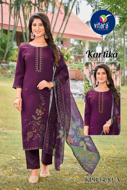 Kartika Vitara Roman Silk Readymade Pant Style Suits Manufacturer India
