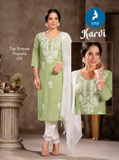 Karvi Kaya Rayon Slub Readymade Pant Style Suits Wholesaler