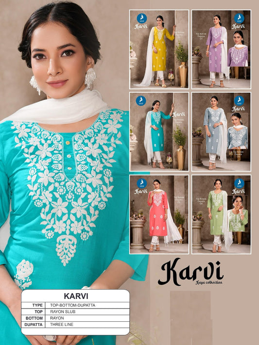 Karvi Kaya Rayon Slub Readymade Pant Style Suits Wholesaler