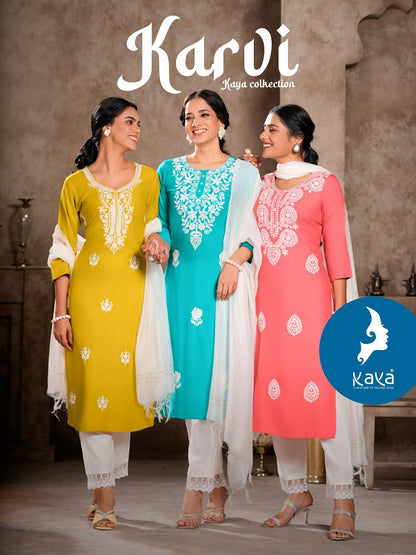 Karvi Kaya Rayon Slub Readymade Pant Style Suits Wholesaler