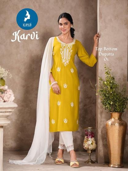 Karvi Kaya Rayon Slub Readymade Pant Style Suits Wholesaler