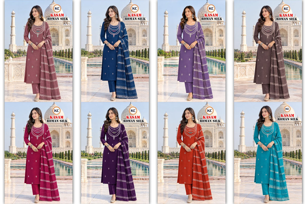 Kasam Vol 1 Kc Roman Silk Readymade Pant Style Suits Wholesale Price