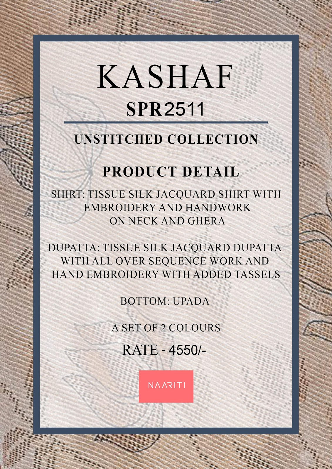 Kashaf Naariti Tissue Silk Pant Style Suits Manufacturer Gujarat