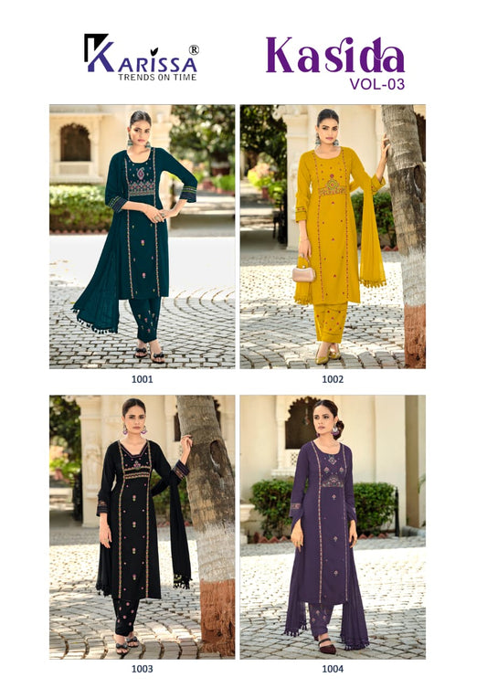 Kasida Vol 3 Karissa Liva Rayon Readymade Pant Style Suits Wholesaler Ahmedabad
