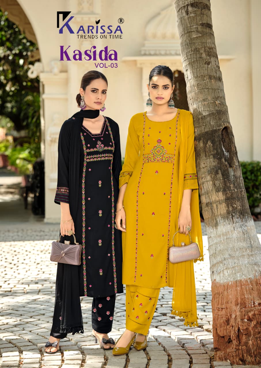 Kasida Vol 3 Karissa Liva Rayon Readymade Pant Style Suits Wholesaler Ahmedabad