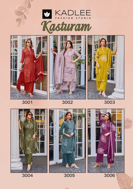Kasturam Kadlee Rayon Readymade Pant Style Suits Wholesaler Ahmedabad