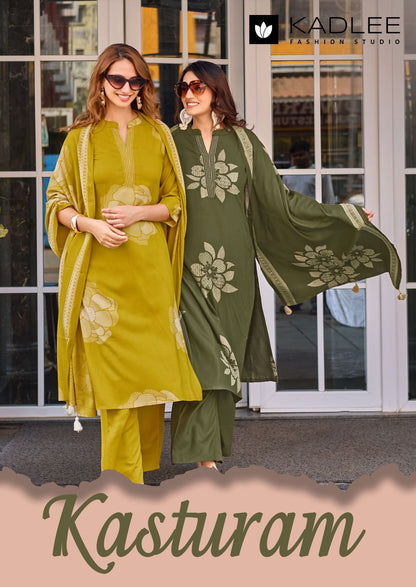 Kasturam Kadlee Rayon Readymade Pant Style Suits Wholesaler Ahmedabad