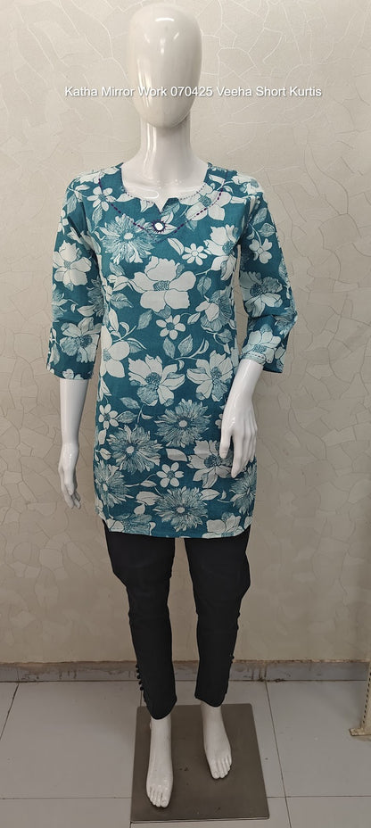 Katha Mirror Work 070425 Veeha Cotton Short Kurtis Exporter Ahmedabad