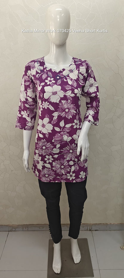Katha Mirror Work 070425 Veeha Cotton Short Kurtis Exporter Ahmedabad