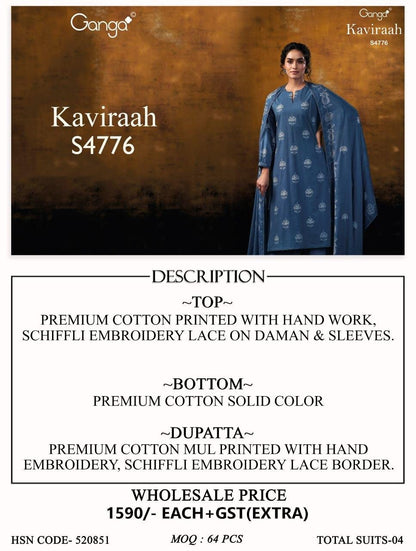 Kaviraah S4776 Ganga Cotton Plazzo Style Suits Wholesaler