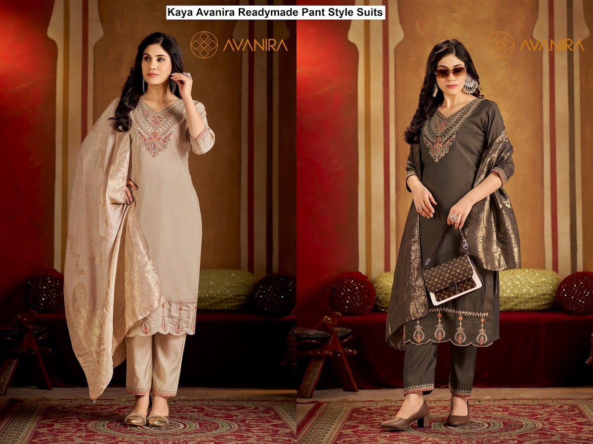 Kaya Avanira Roman Silk Readymade Pant Style Suits Supplier