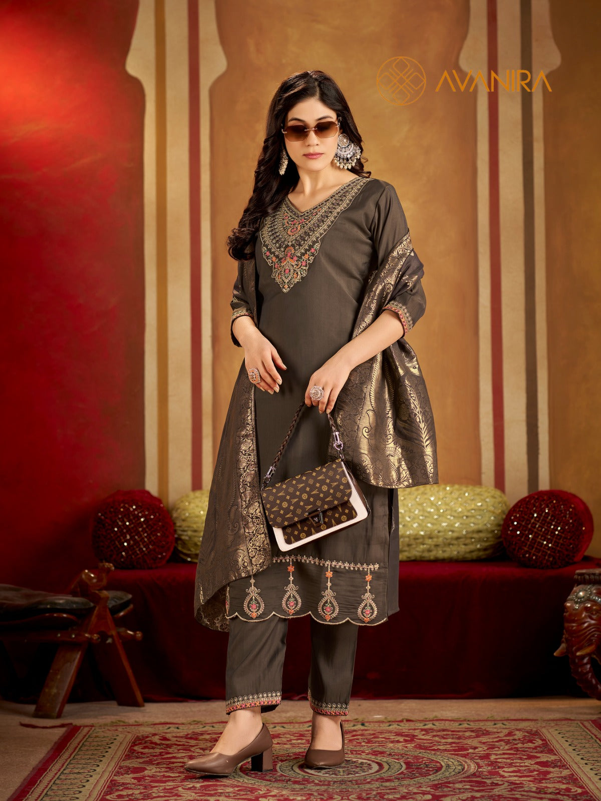 Kaya Avanira Roman Silk Readymade Pant Style Suits Supplier