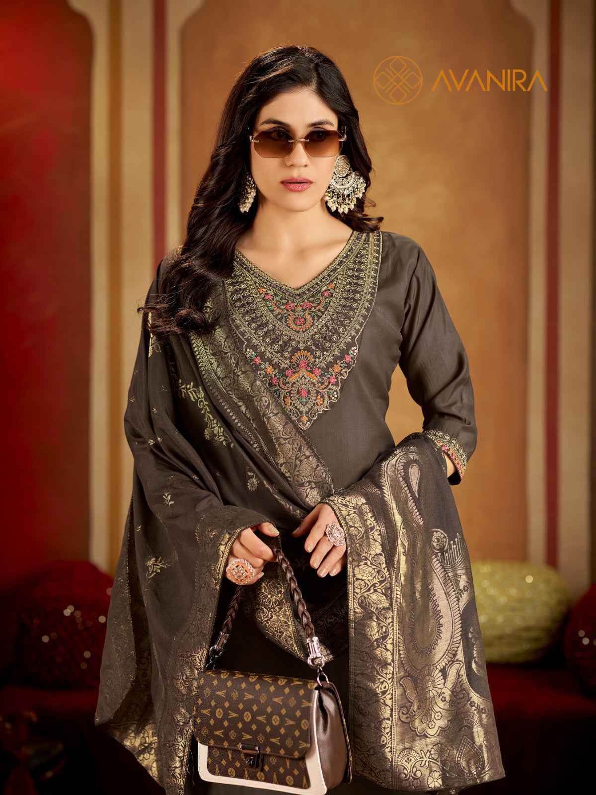 Kaya Avanira Roman Silk Readymade Pant Style Suits Supplier