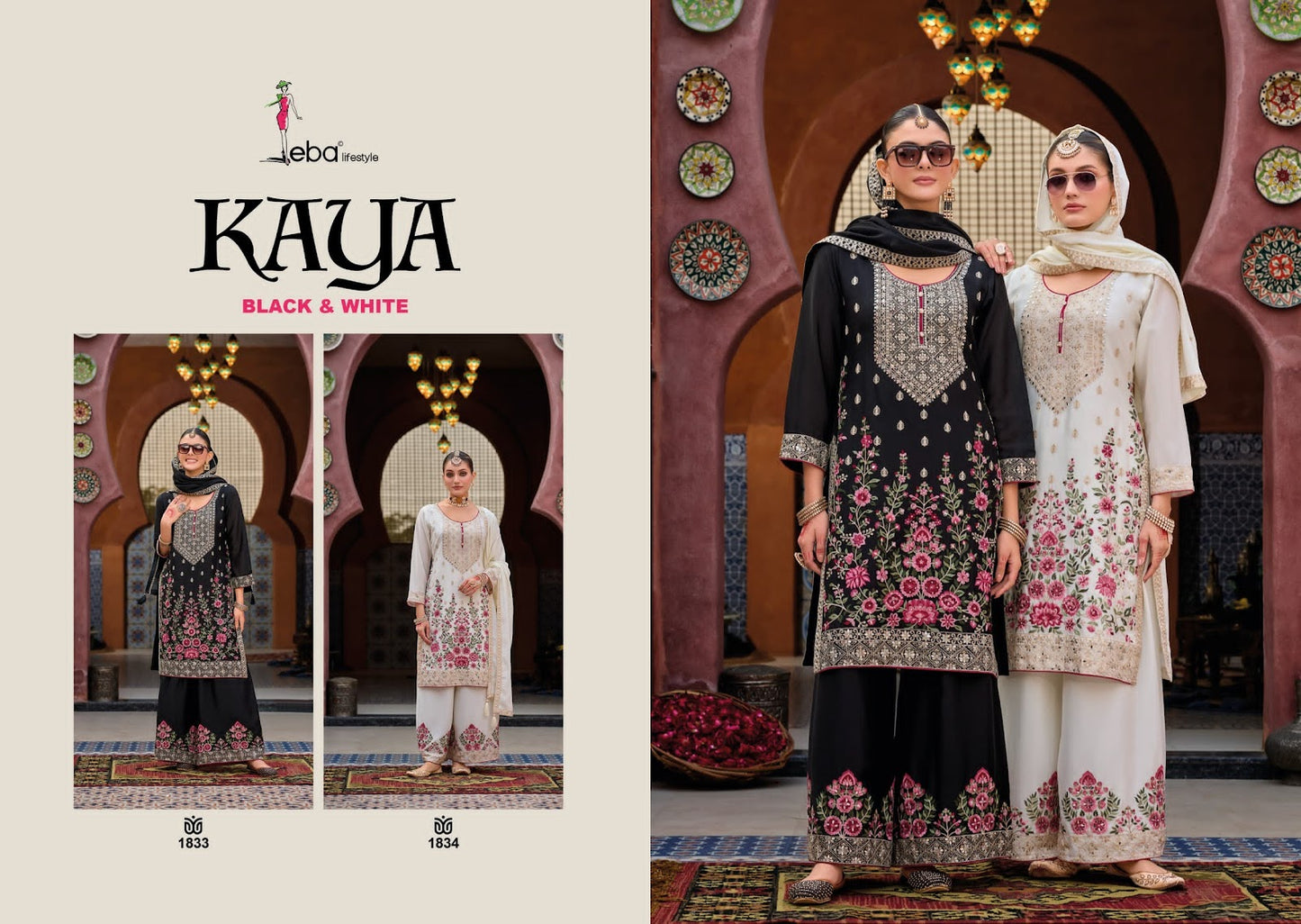Kaya Black & White Eba Lifestyle Chinon Pakistani Readymade Suits Supplier Gujarat