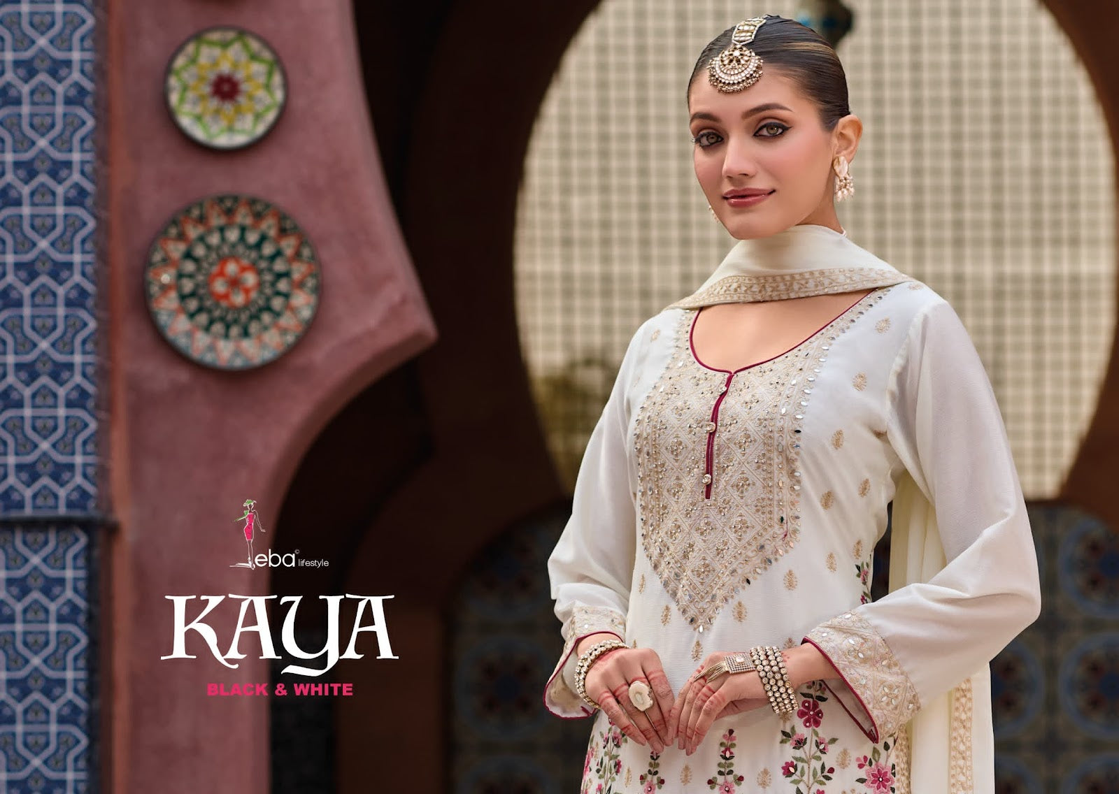 Kaya Black & White Eba Lifestyle Chinon Pakistani Readymade Suits Supplier Gujarat
