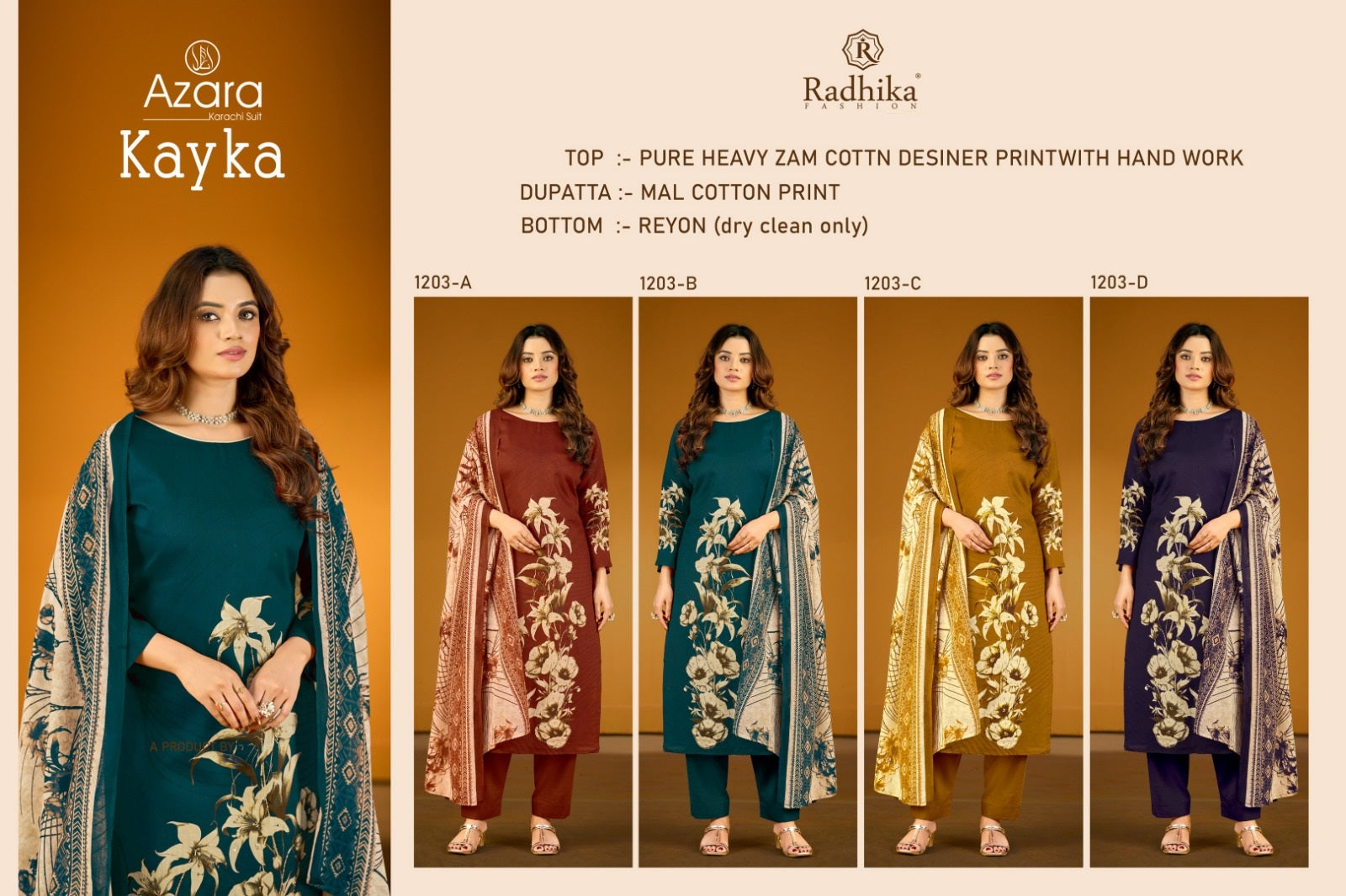 Kayka 1203 Radhika Fashion Azara Jam Cotton Karachi Salwar Suits Wholesaler