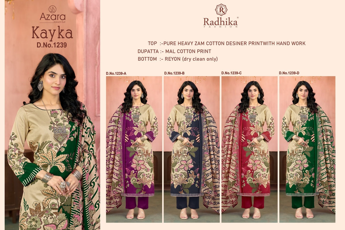Kayka 1239 Radhika Fashion Azara Zam Cotton Karachi Salwar Suits Manufacturer Gujarat