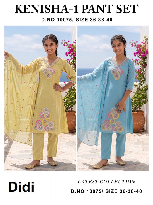 Kenisha 1 Dn 10075 Didi Mul Chanderi Girls Readymade Pant Suits Exporter Ahmedabad
