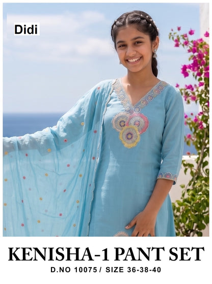 Kenisha 1 Dn 10075 Didi Mul Chanderi Girls Readymade Pant Suits Exporter Ahmedabad