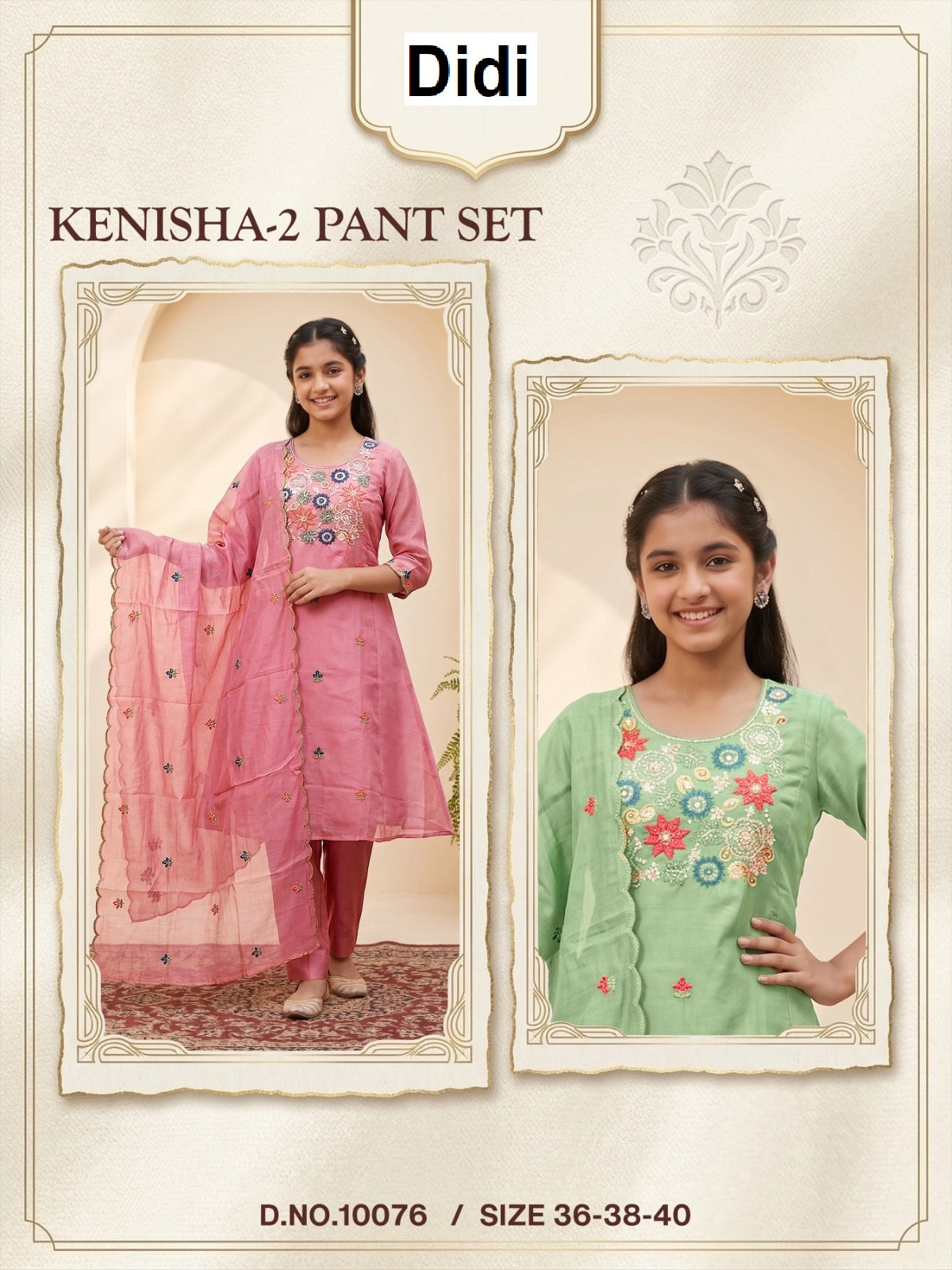 Kenisha 2 Dn 10076 Didi Mul Chanderi Girls Readymade Pant Suits Wholesaler Ahmedabad