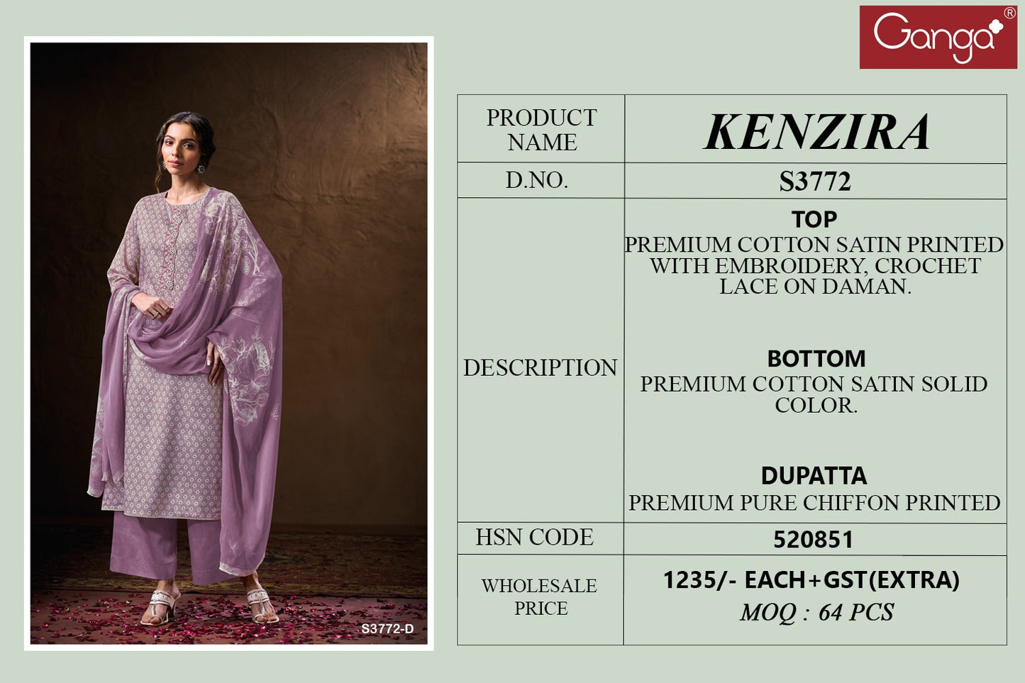 Kenzira 3772 Ganga Premium Cotton Plazzo Style Suits Supplier India