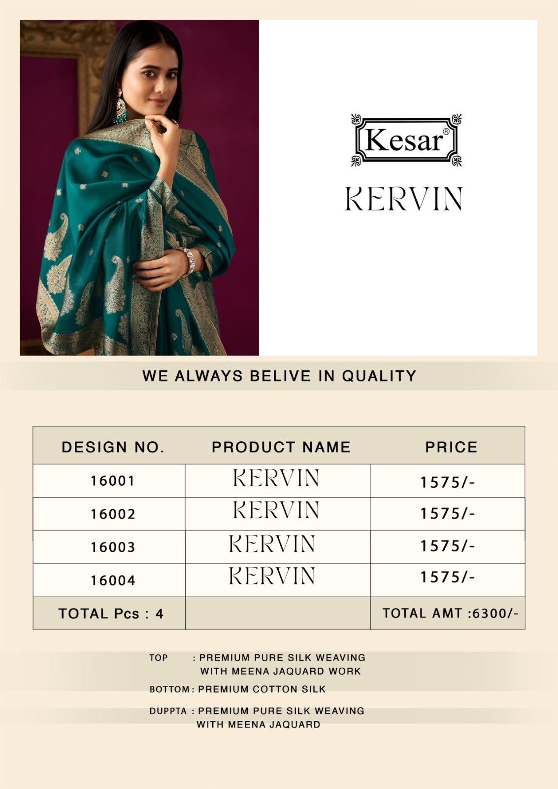 Kervin 16001 Kesar Premium Dola Pant Style Suits Wholesale Rate