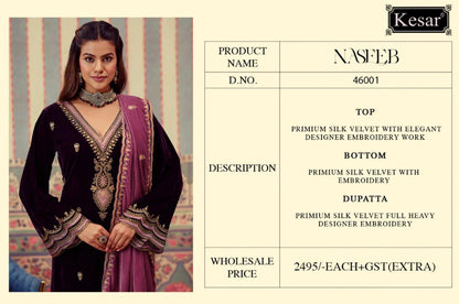 Naseeb Kesar Silk Velvet Suits Wholesale Price