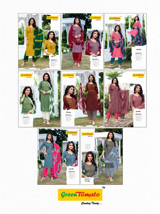 Kesariya Green Tomato Fancy Readymade Pant Style Suits Supplier Ahmedabad