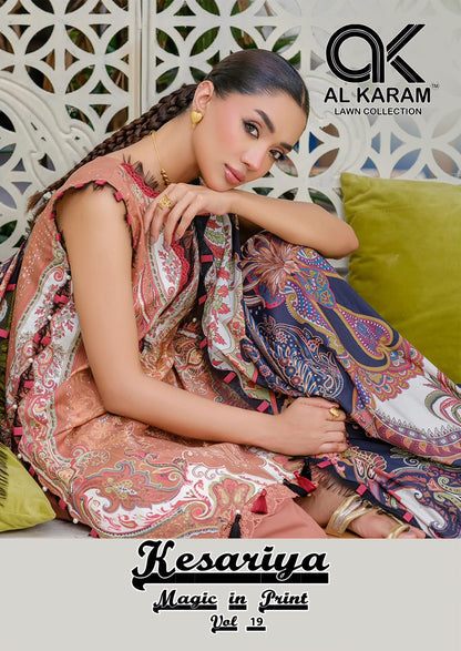 Kesariya Magic In Print Vol 19 Al Karam Cambric Cotton Karachi Salwar Suits Manufacturer Ahmedabad