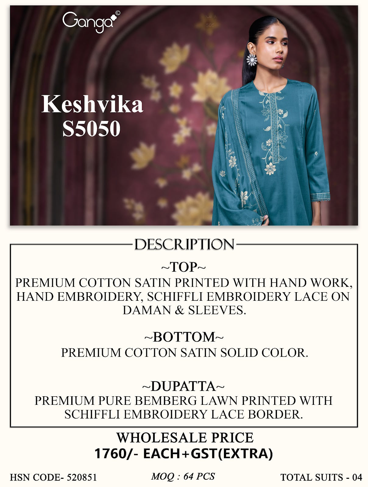 Keshvika S5050 Ganga Cotton Satin Pant Style Suits Wholesaler India